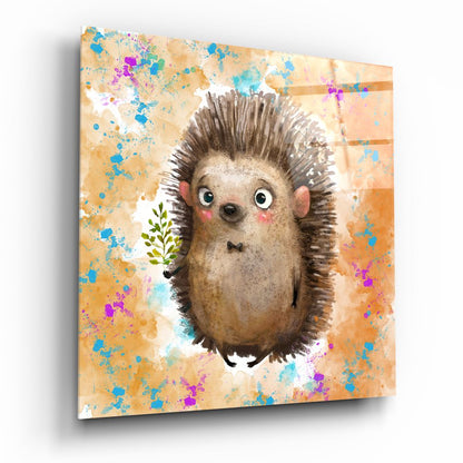 Hedgehog glass wall art panel with detailed illustration