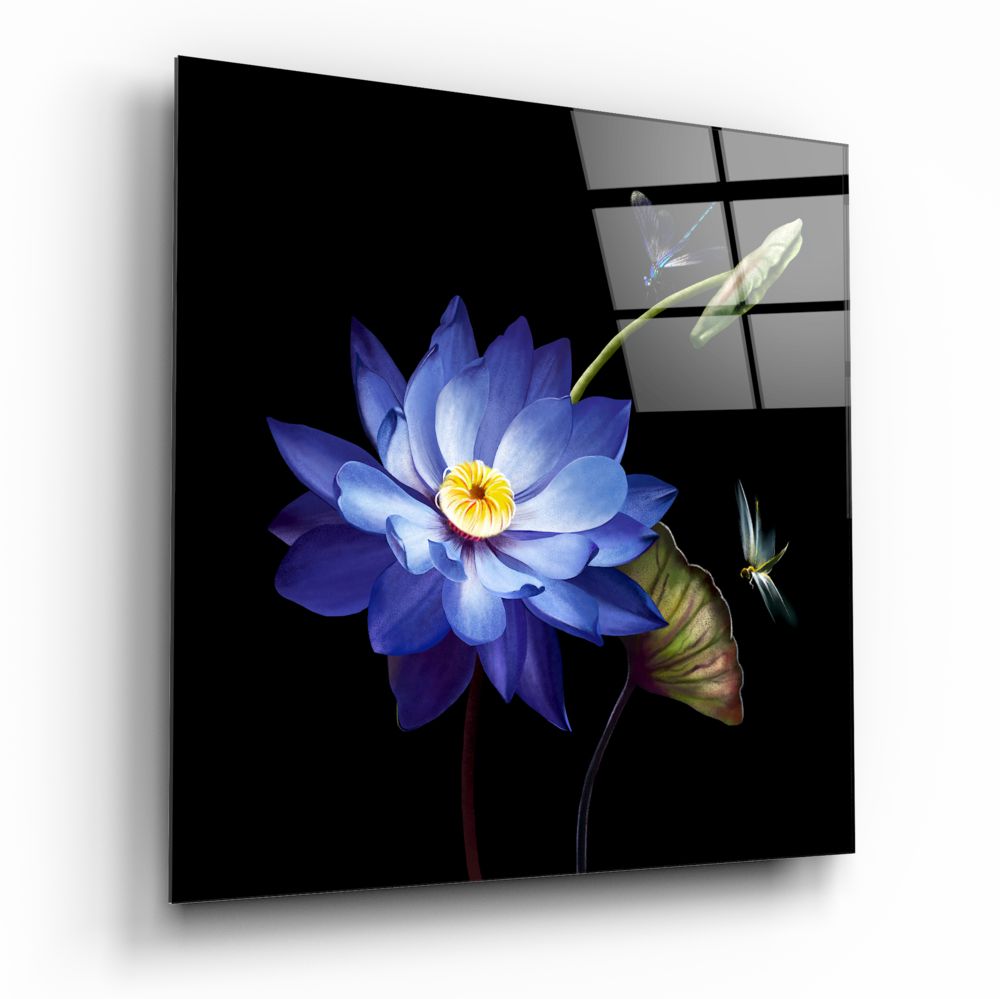 Blue Lotus and Dragonflies Glass Wall Art