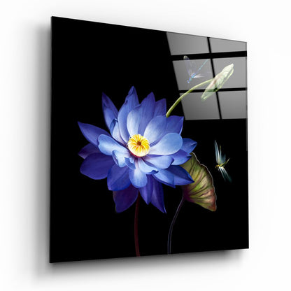 Blue Lotus and Dragonflies Glass Wall Art