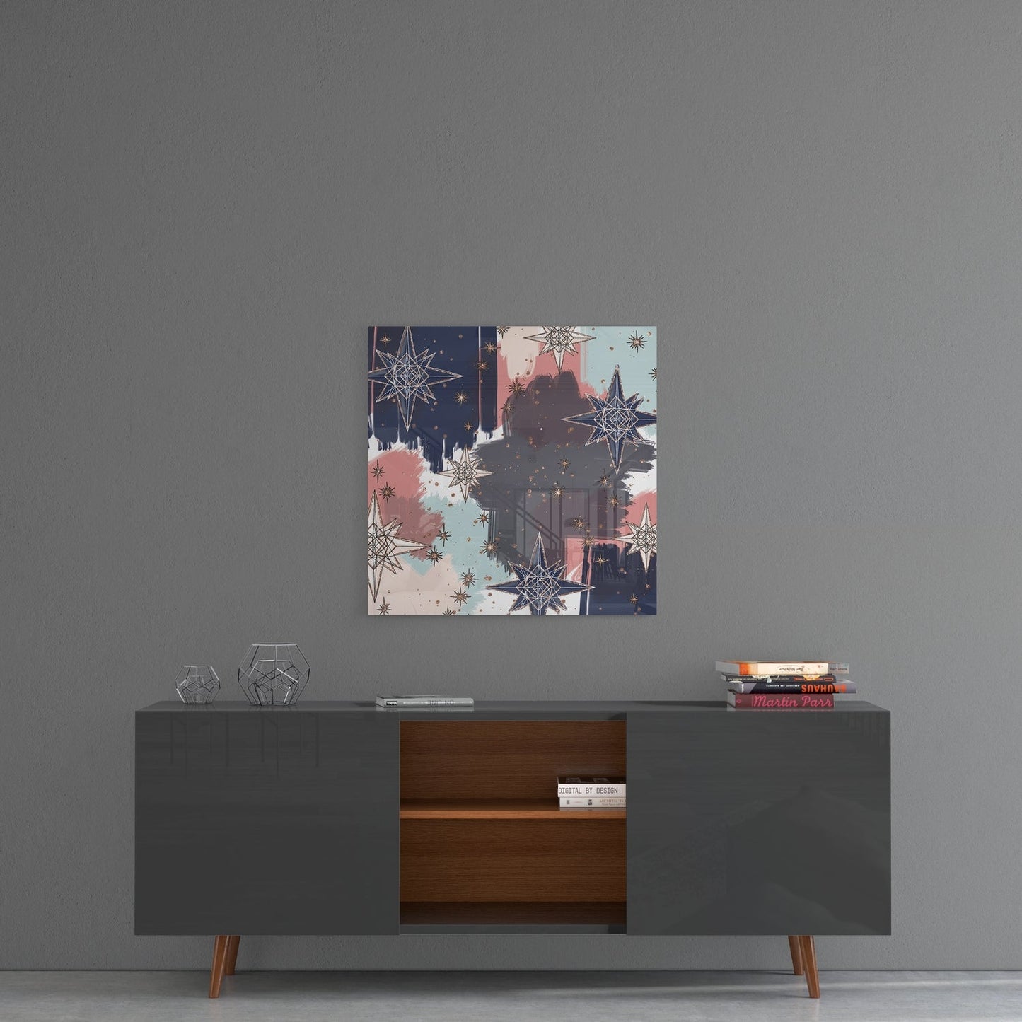 Navy and Blush Eight Point Stars Glass Wall Art