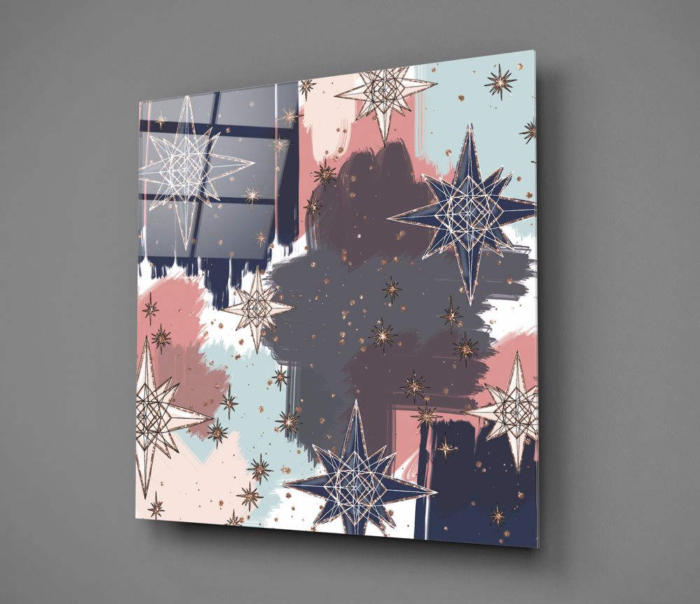 Navy and Blush Eight Point Stars Glass Wall Art