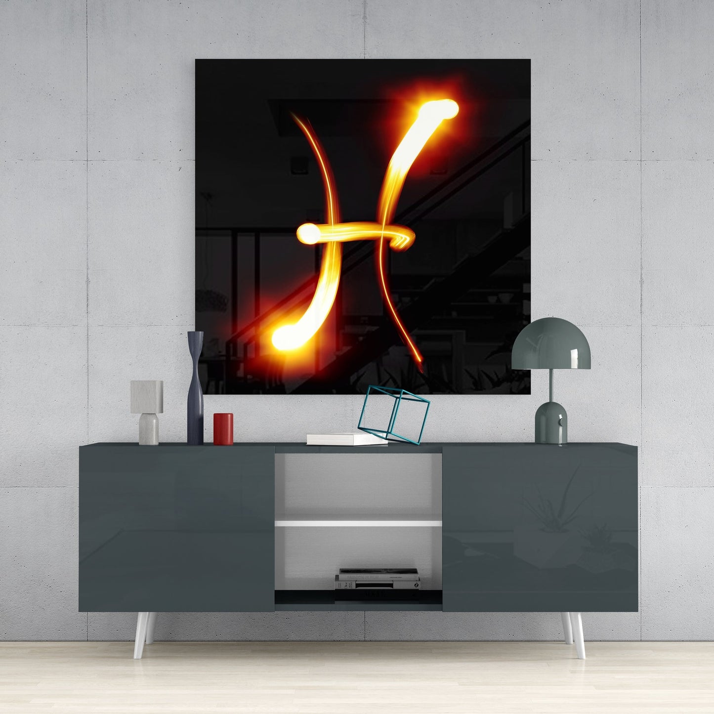 Pisces Symbol Flame Streak Glass Wall Art