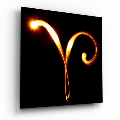 Aries zodiac symbol glass wall art in fiery light