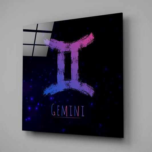 Gemini brushstroke zodiac glass wall art on a gray wall, a window reflected in the glossy front