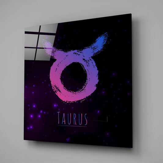 Taurus brushstroke zodiac glass wall art on a gray wall, a window reflected in the glossy front