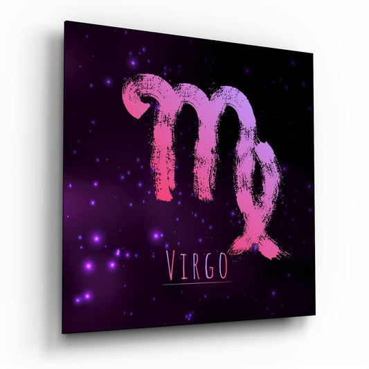 Virgo zodiac glyph in pink brushstrokes on a purple nebula sky with stars, sign name below, angled view