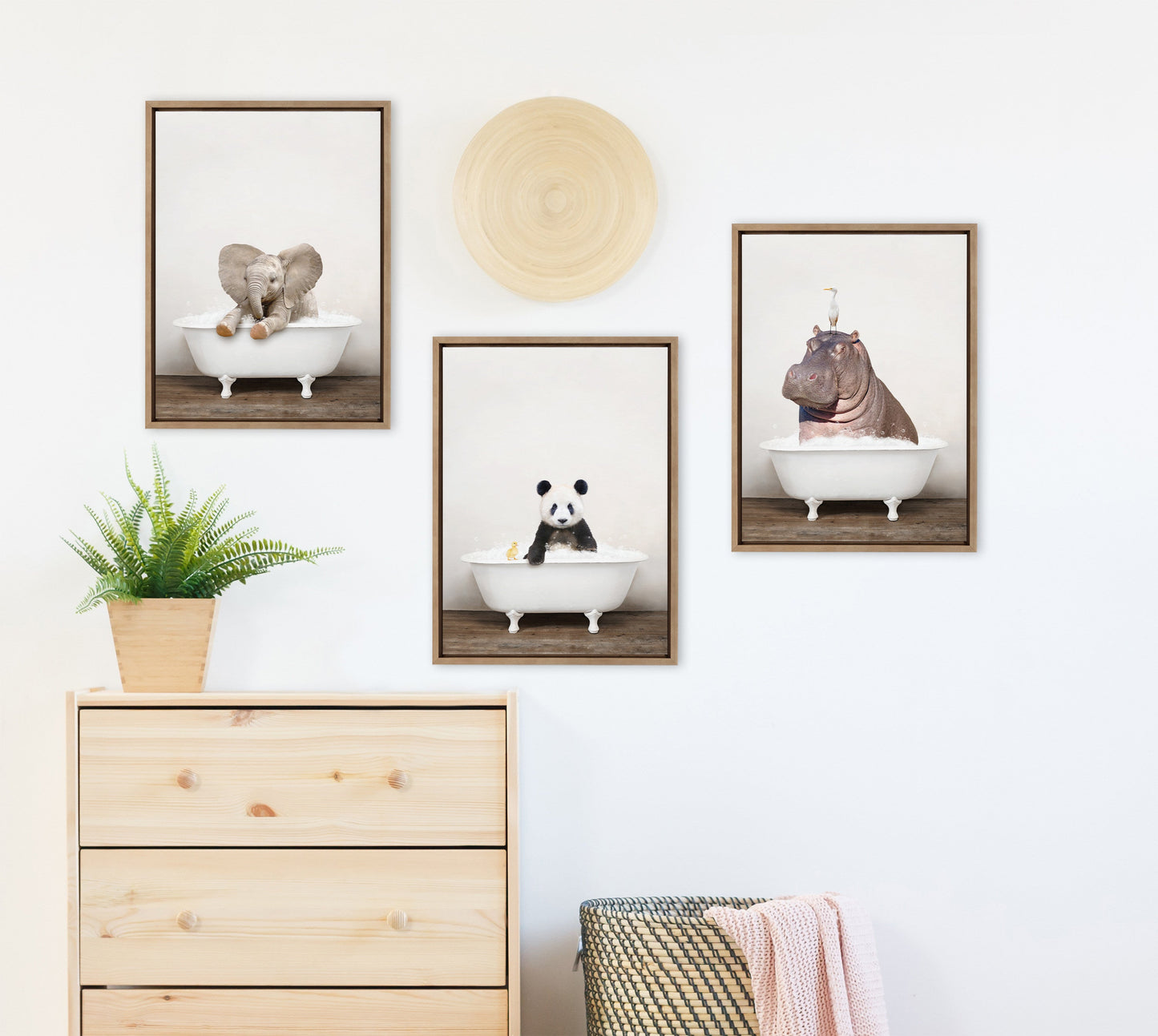 Baby Elephant in Rustic Bath Framed Canvas Wall Art