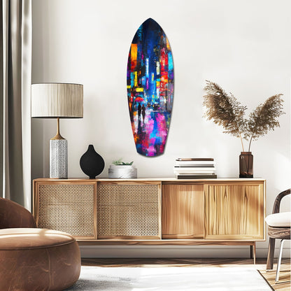 Under the City Glow: A Love in the Rain Glass Wall Art