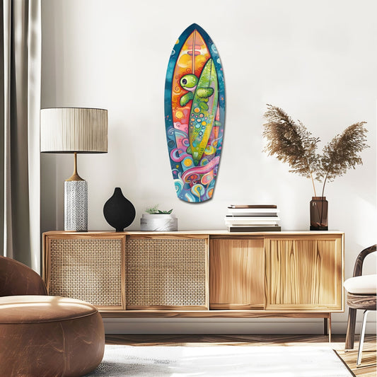 Surfer Sea Turtle Glass Wall Art