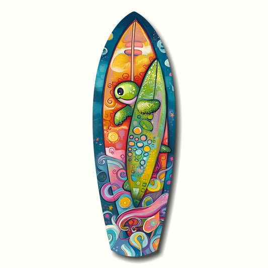 Surfer sea turtle glass wall art, loggerhead turtle riding a wave, coastal surf decor