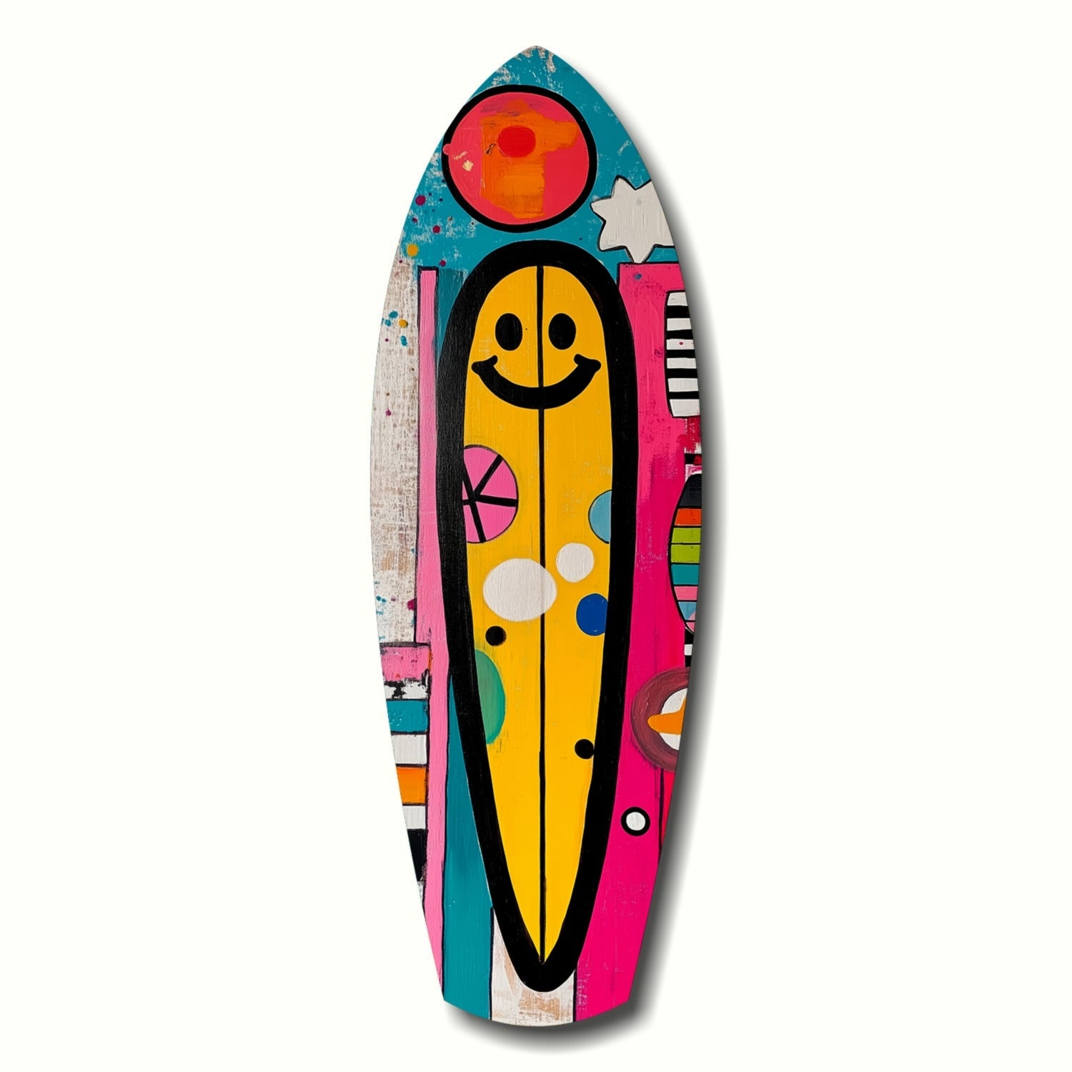 Smiley Surfing glass wall art with cheerful surf design on high-gloss tempered glass