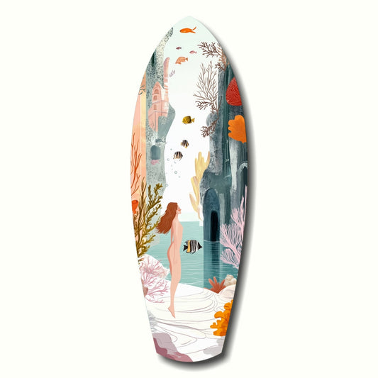Utopic seashore glass wall art, dreamy sand and aqua coastal scene in panoramic tempered glass