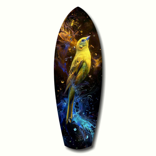 Yellow bird glass wall art - vibrant yellow bird portrait in tall format on tempered glass