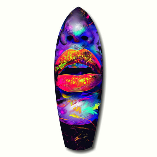 Orange and red lips on a purple face of swirling contour lines, on surfboard-shaped glass on white