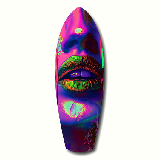 Green and gold lips on a hot pink and blue neon face, on surfboard-shaped glass on white