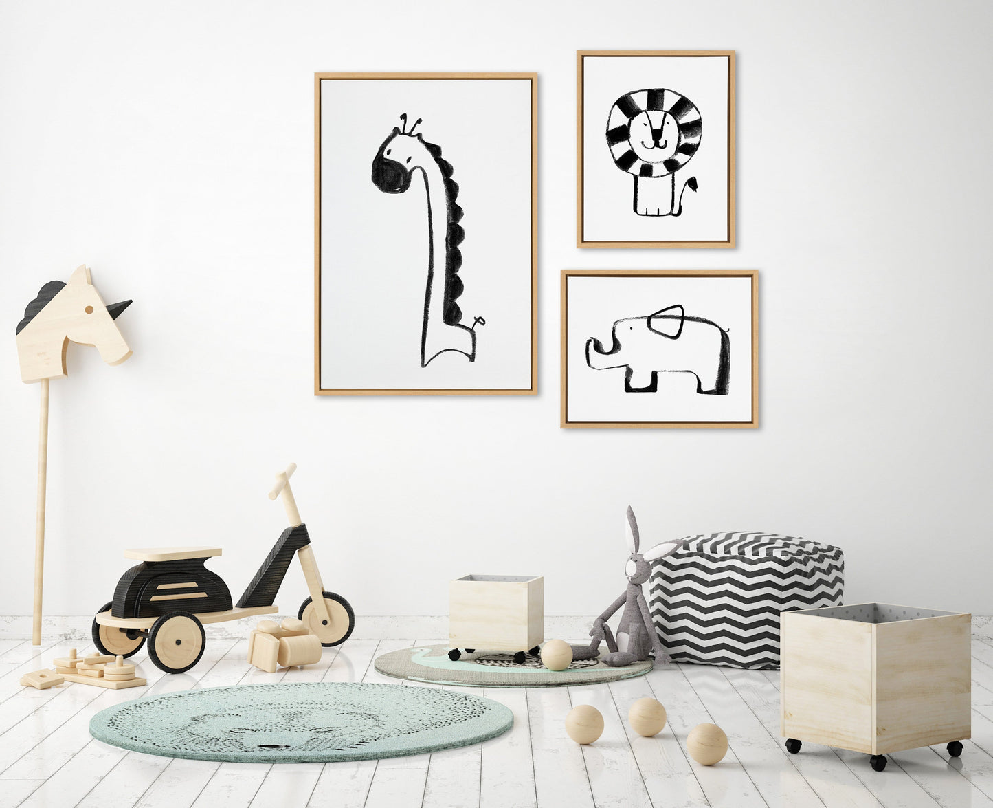 Giraffe, Lion and Elephant Black and White Canvas Set