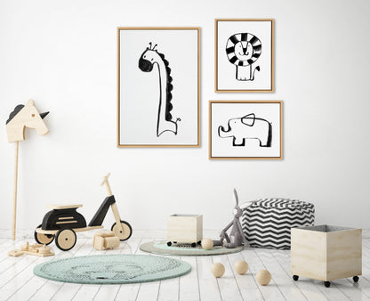 Giraffe, Lion and Elephant Black and White Canvas Set