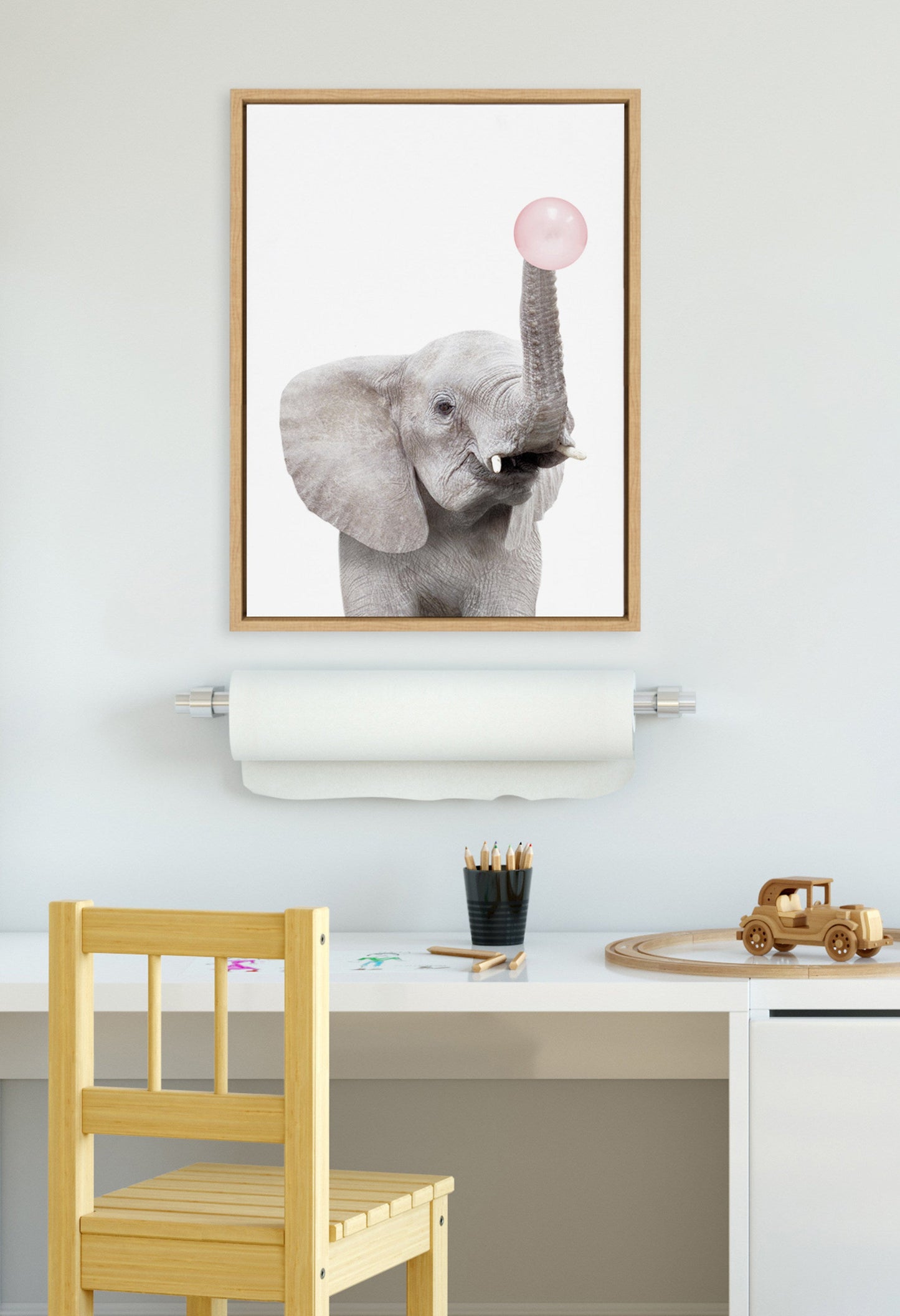 Bubble Gum Elephant Framed Canvas Wall Art