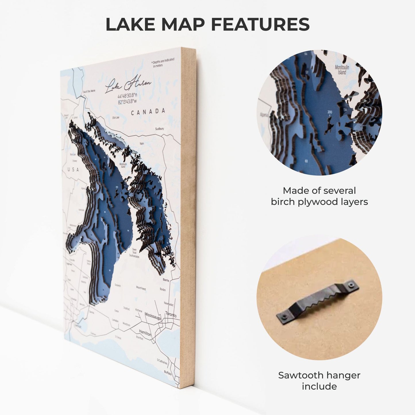 Wooden Lake Huron Map Wall Art
