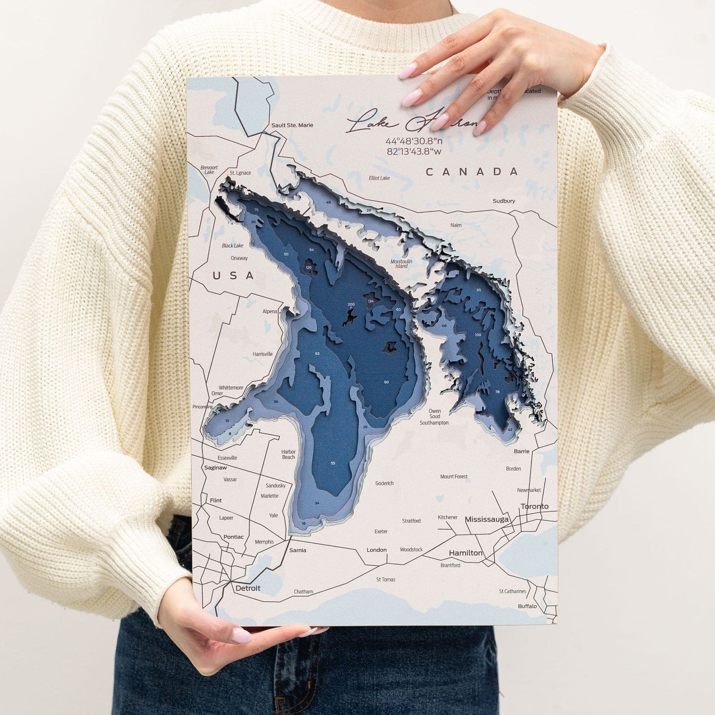 Wooden Lake Huron Map Wall Art