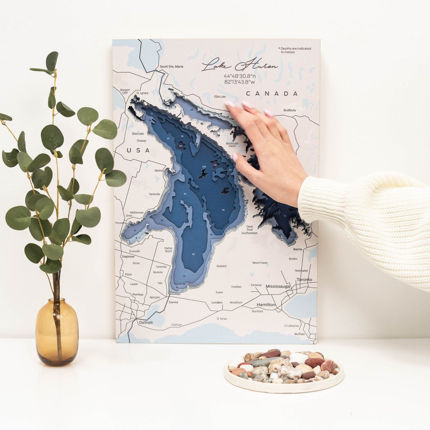 Wooden Lake Huron map wall art