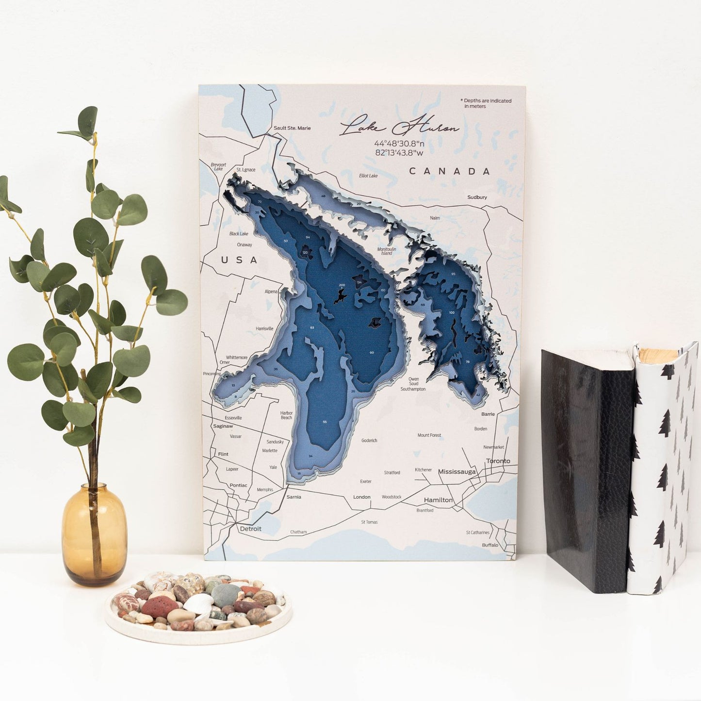 Wooden Lake Huron Map Wall Art