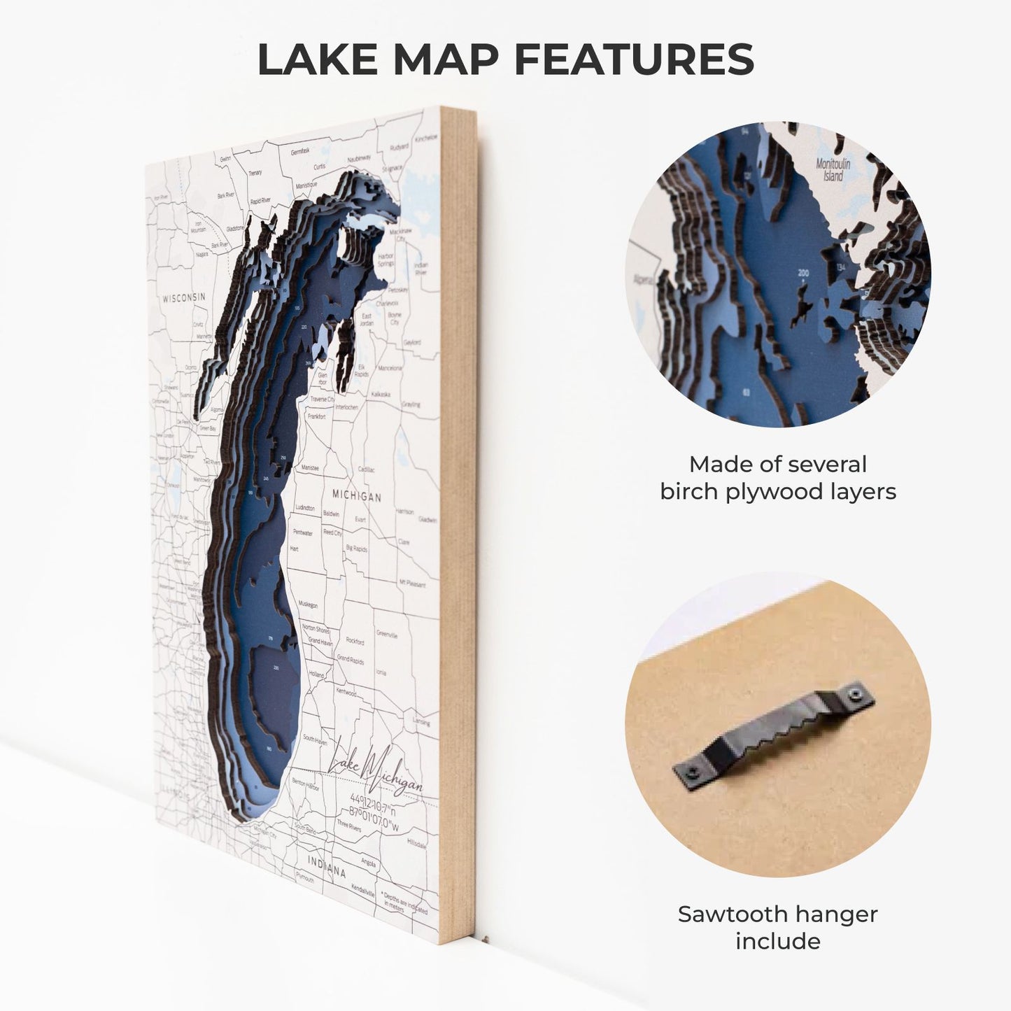 Wooden Lake Michigan Map Wall Art