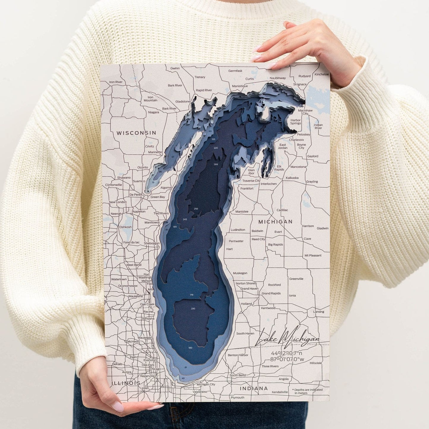 Wooden Lake Michigan map wall art