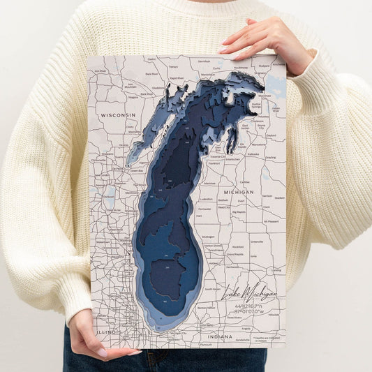 Wooden Lake Michigan map wall art