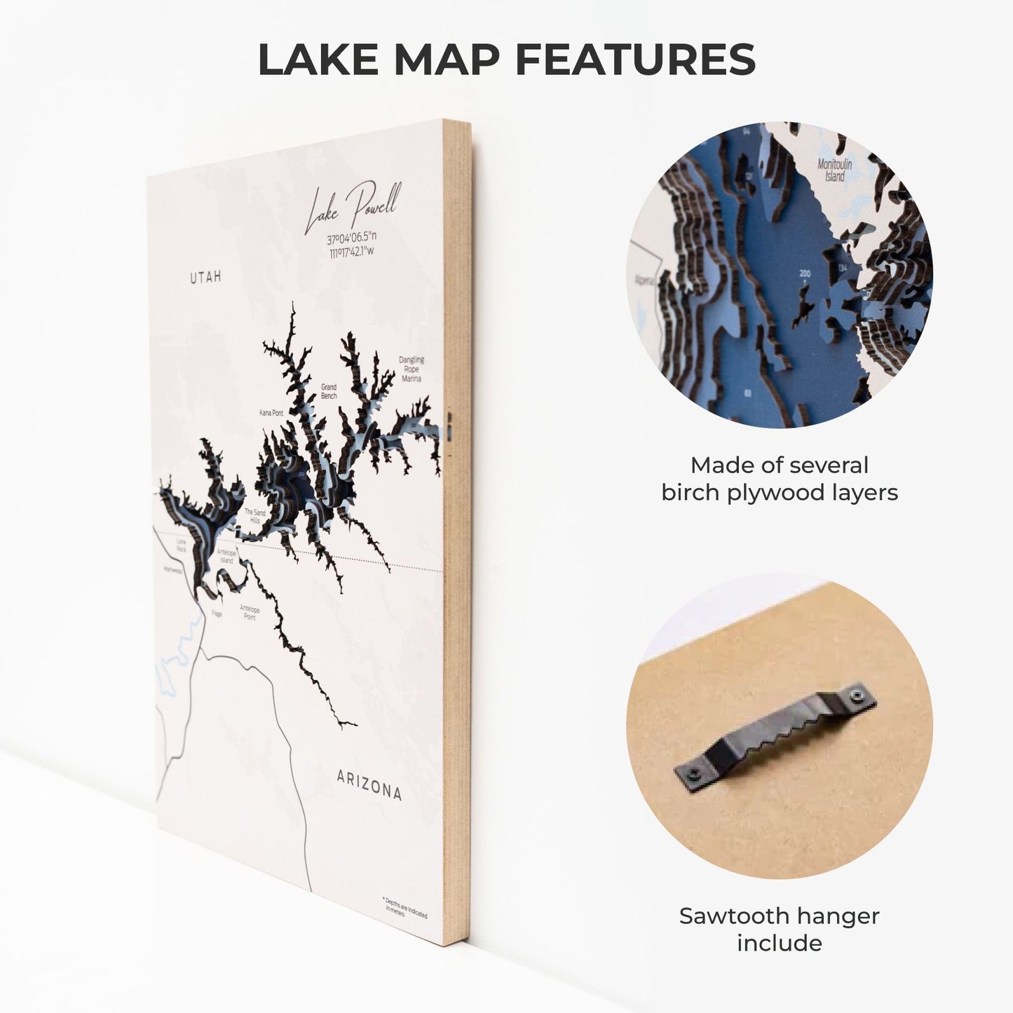 Wooden Lake Powell Map Wall Art