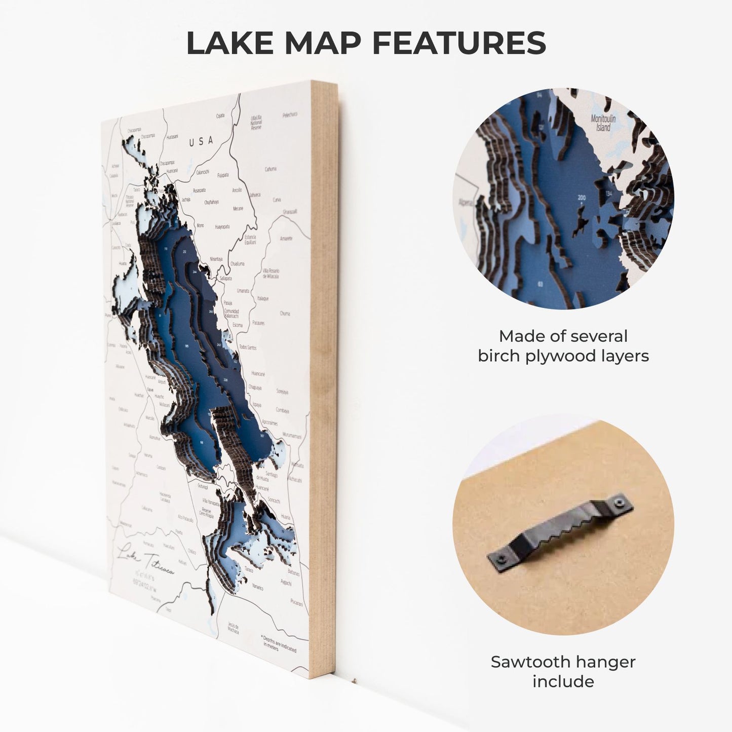 Wooden Lake Titicaca Map Wall Art