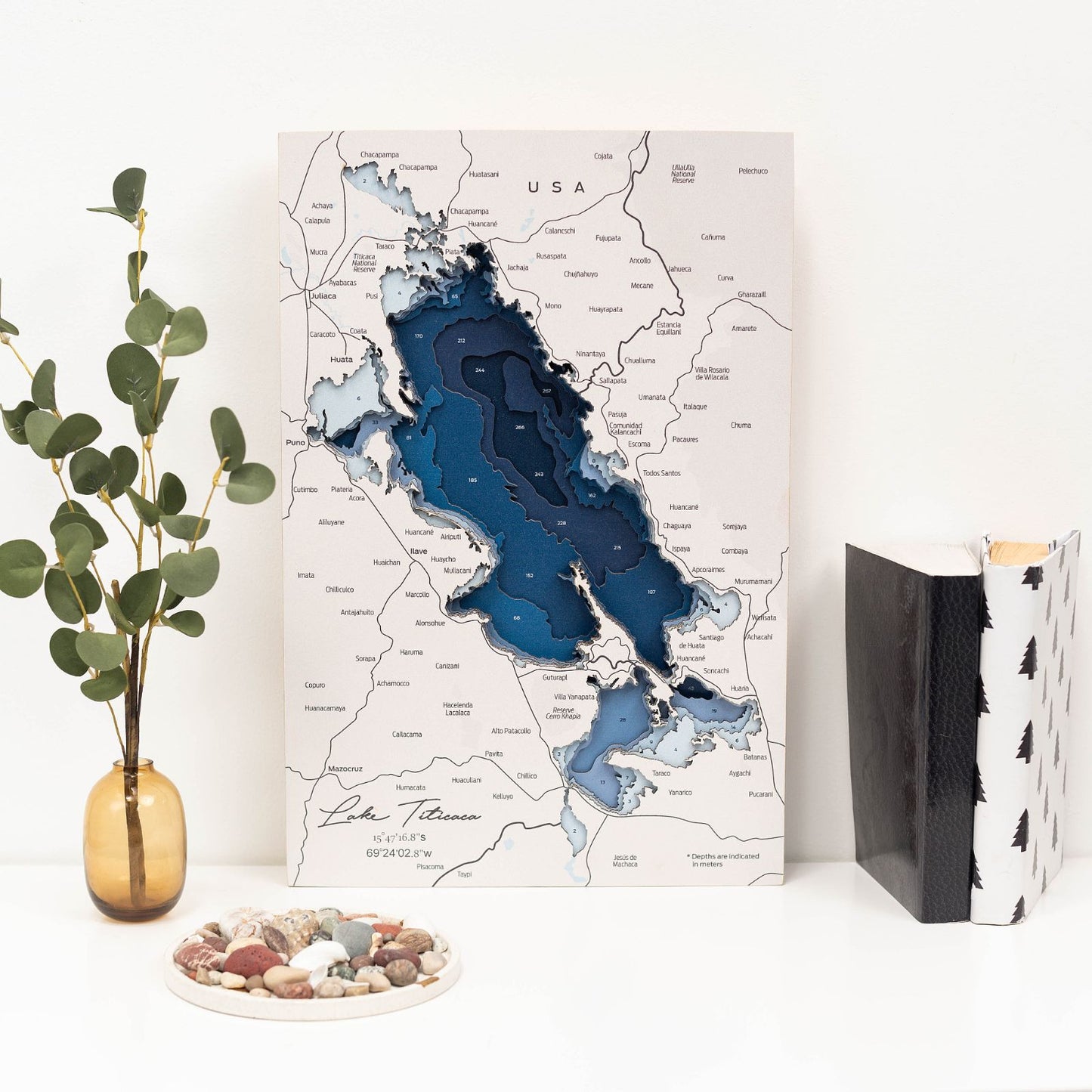 Wooden Lake Titicaca Map Wall Art