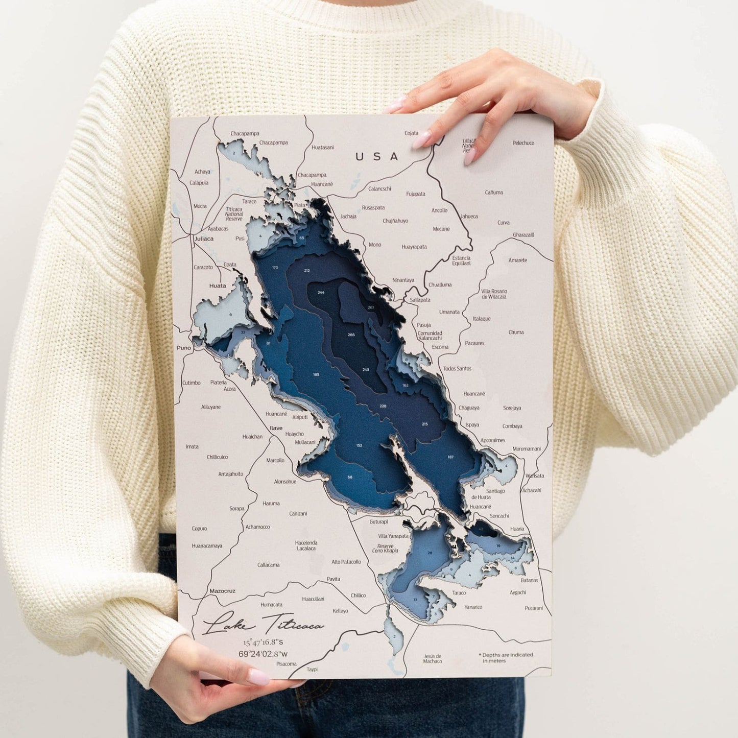 Wooden Lake Titicaca Map Wall Art