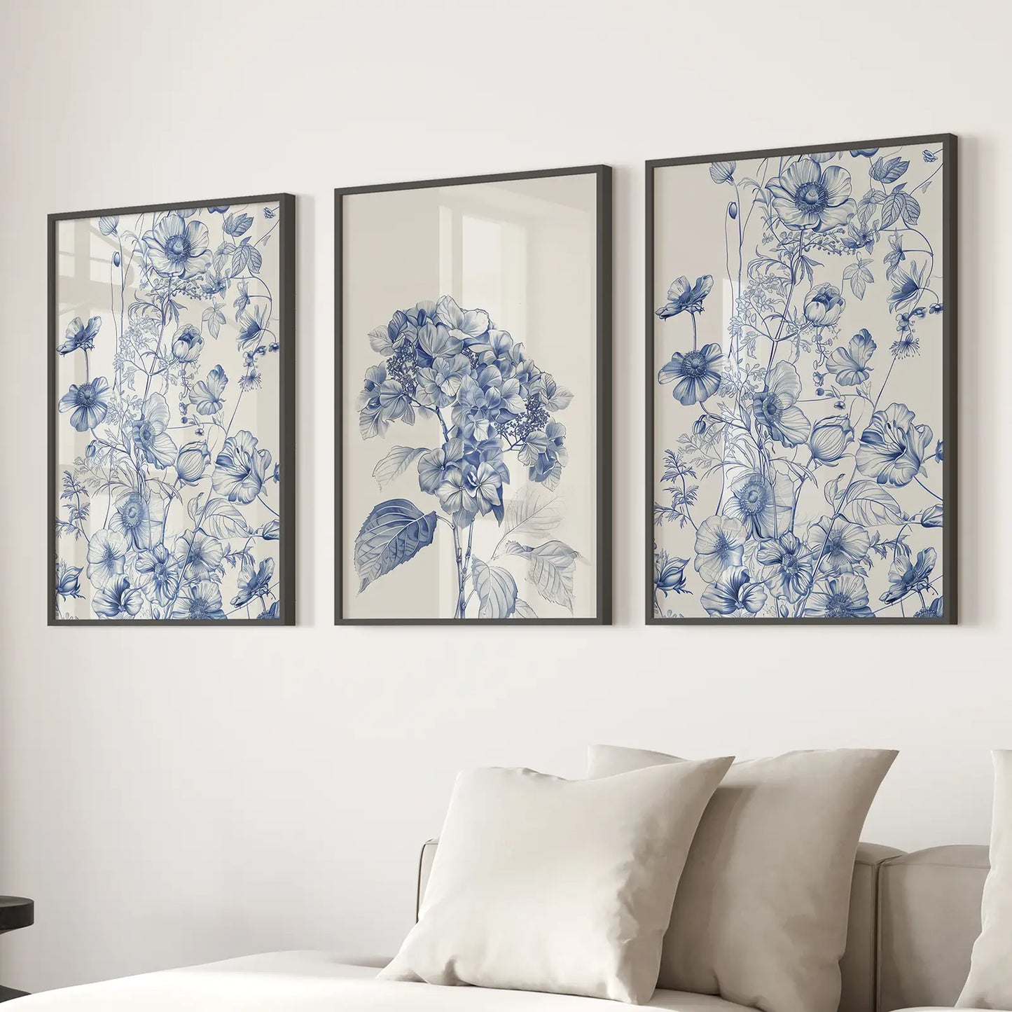 Chinoiserie Blue Flowers Watercolor Wall Art Set of 3