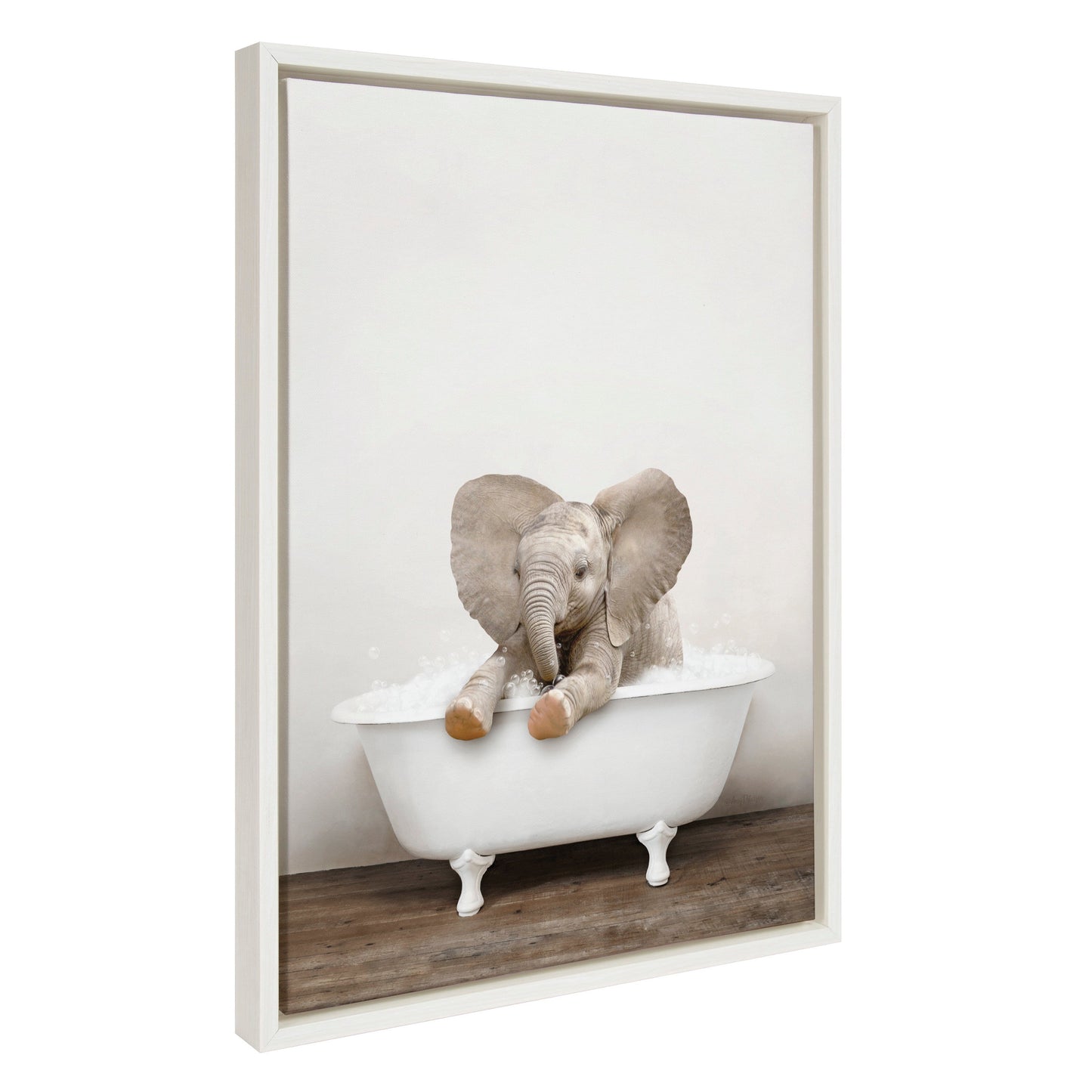 Baby elephant in a rustic bath framed canvas wall art for a bathroom