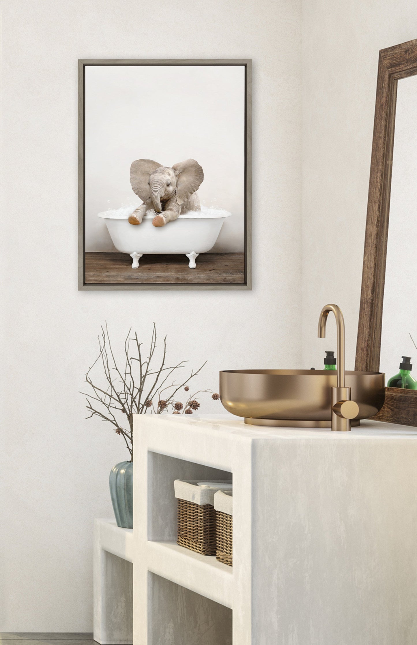 Baby Elephant in Rustic Bath Framed Canvas Wall Art