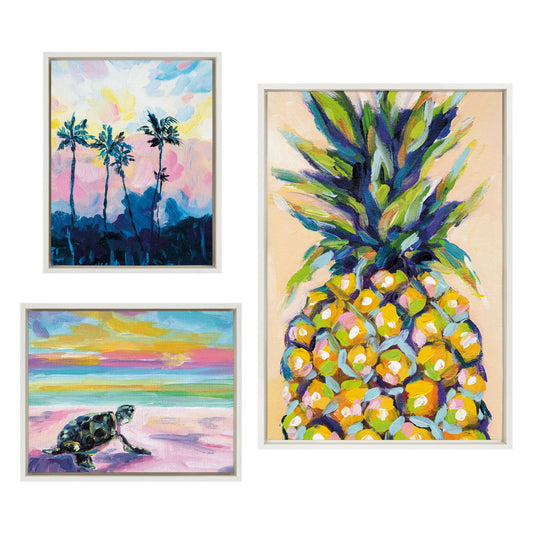 Pineapple, sunset and sea turtle framed canvas art set, tropical