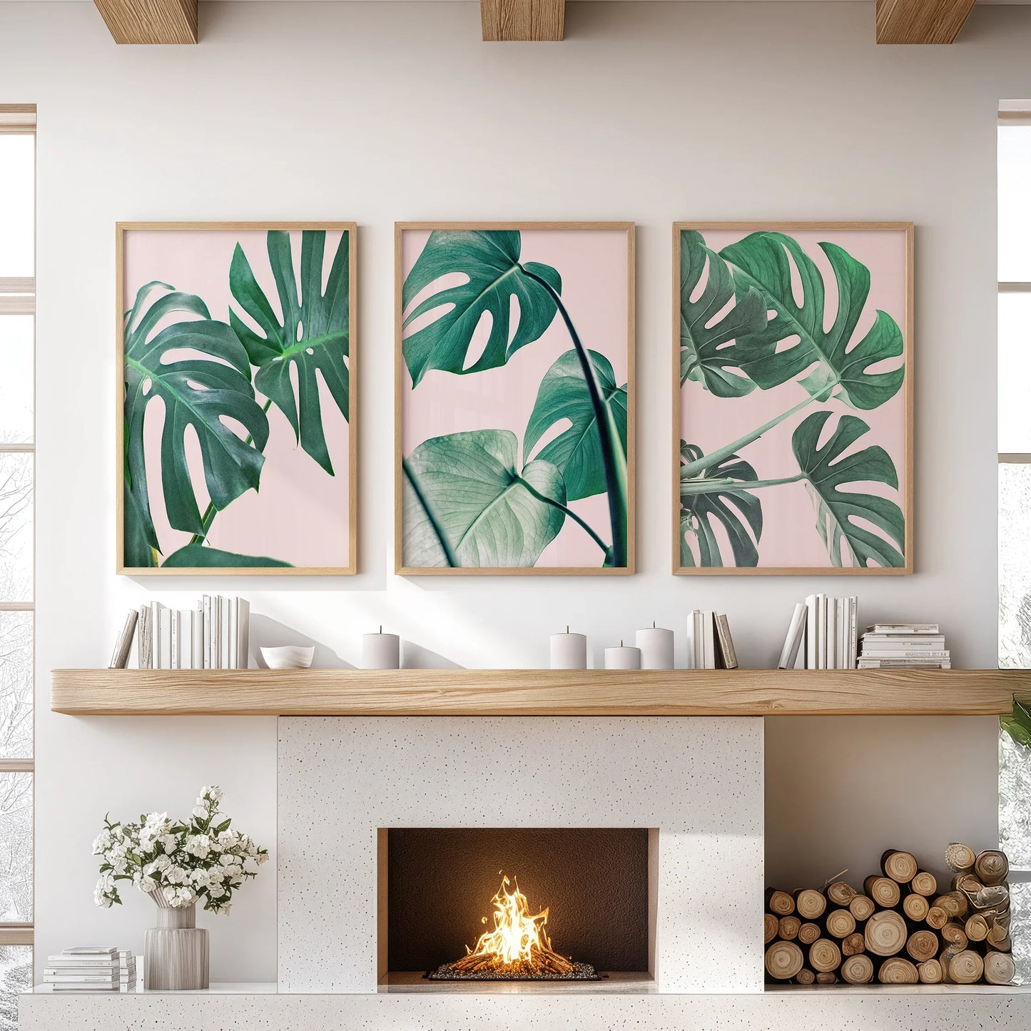 Pink Botanical Wall Art Set of 3 Green Monstera Prints
