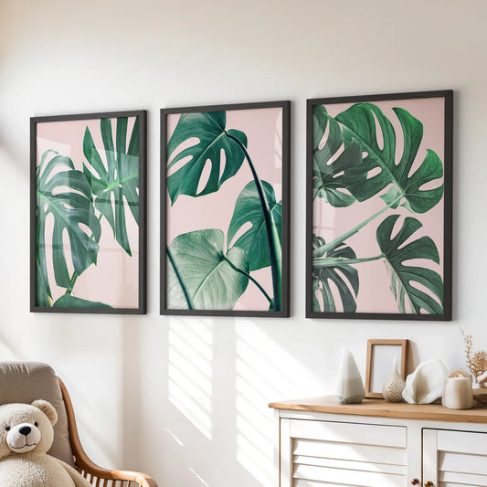 Pink Botanical Wall Art Set of 3 Green Monstera Prints