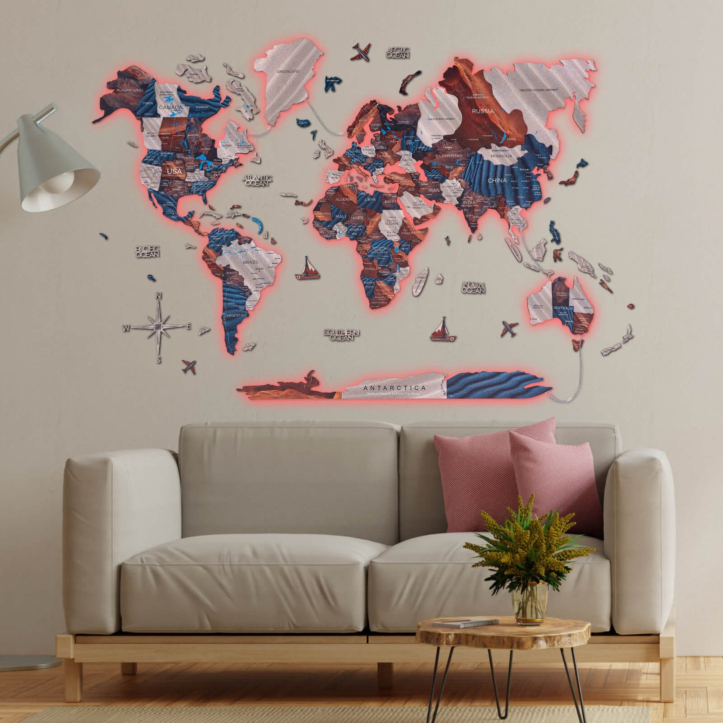 Luminous LED Wooden World Map Wall Art - Dune