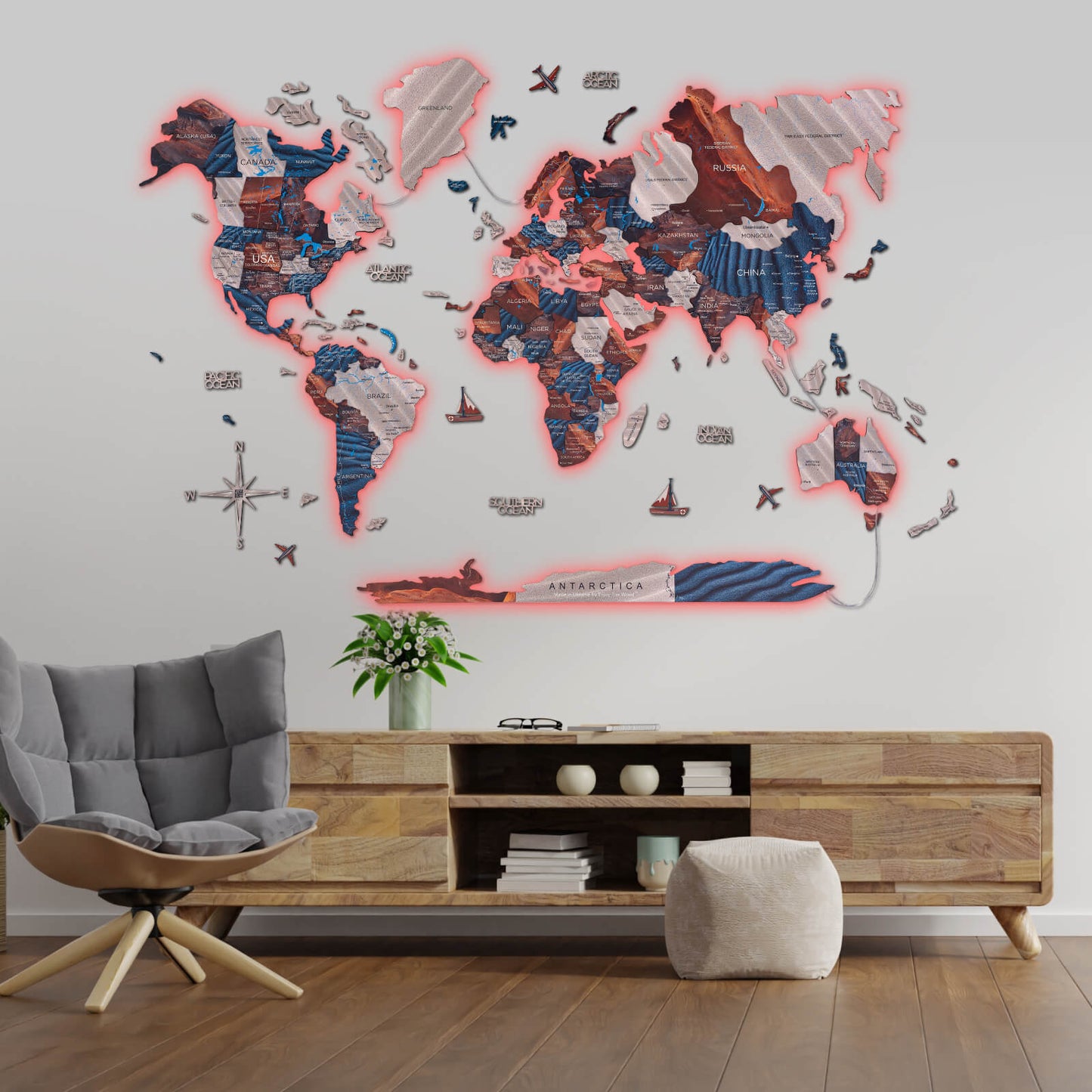 Luminous LED wooden world map wall art, Dune finish