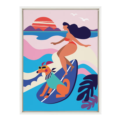 Mid century modern surf dog framed canvas wall art in retro color, ready to hang