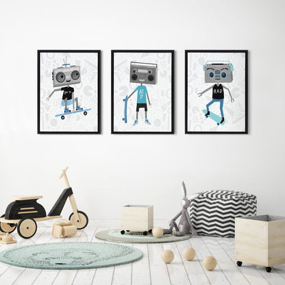 Boom Box Boy Robot Framed Canvas Wall Art
