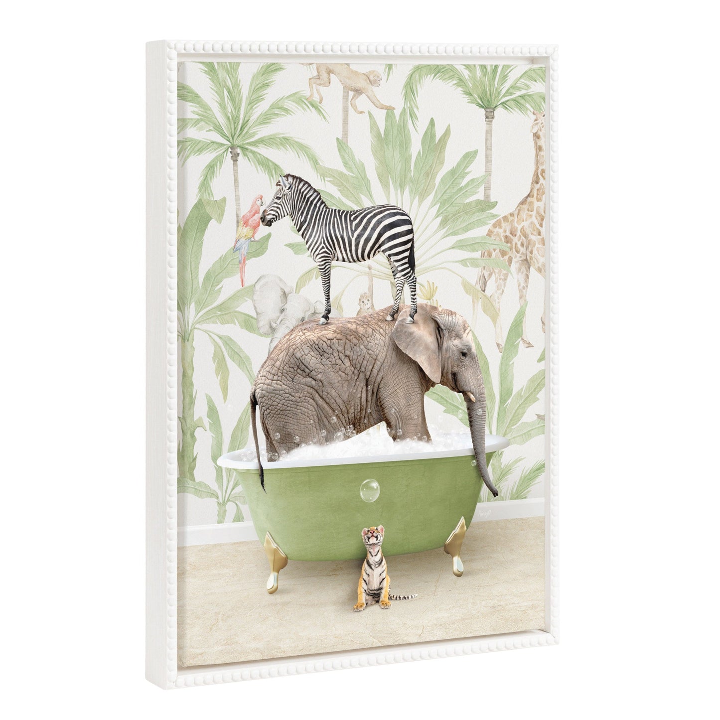 Funny safari animals in a safari bath framed canvas wall art