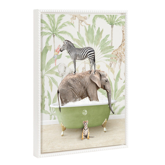 Funny safari animals in a safari bath framed canvas wall art