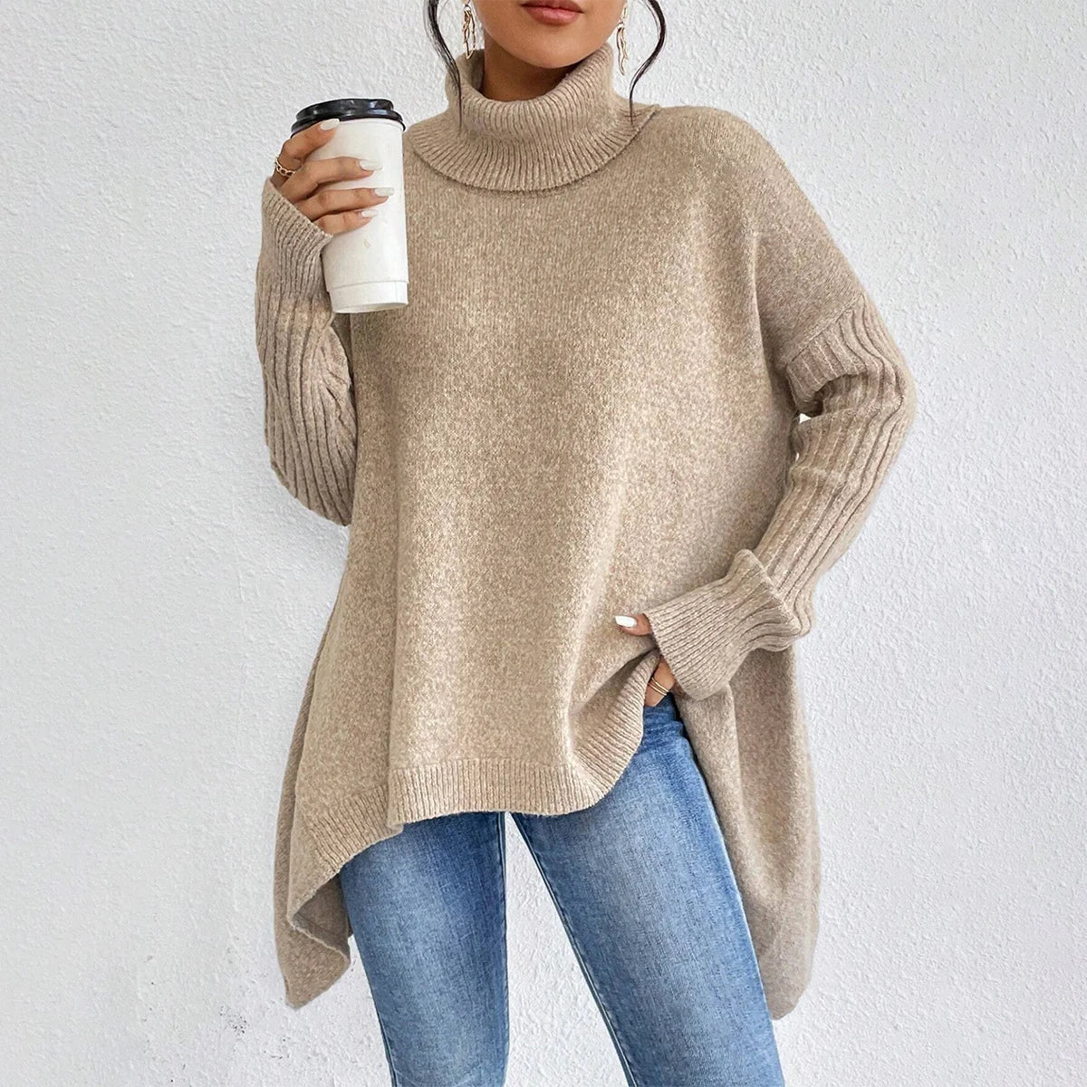 light brown loose knit pullover with high neck
