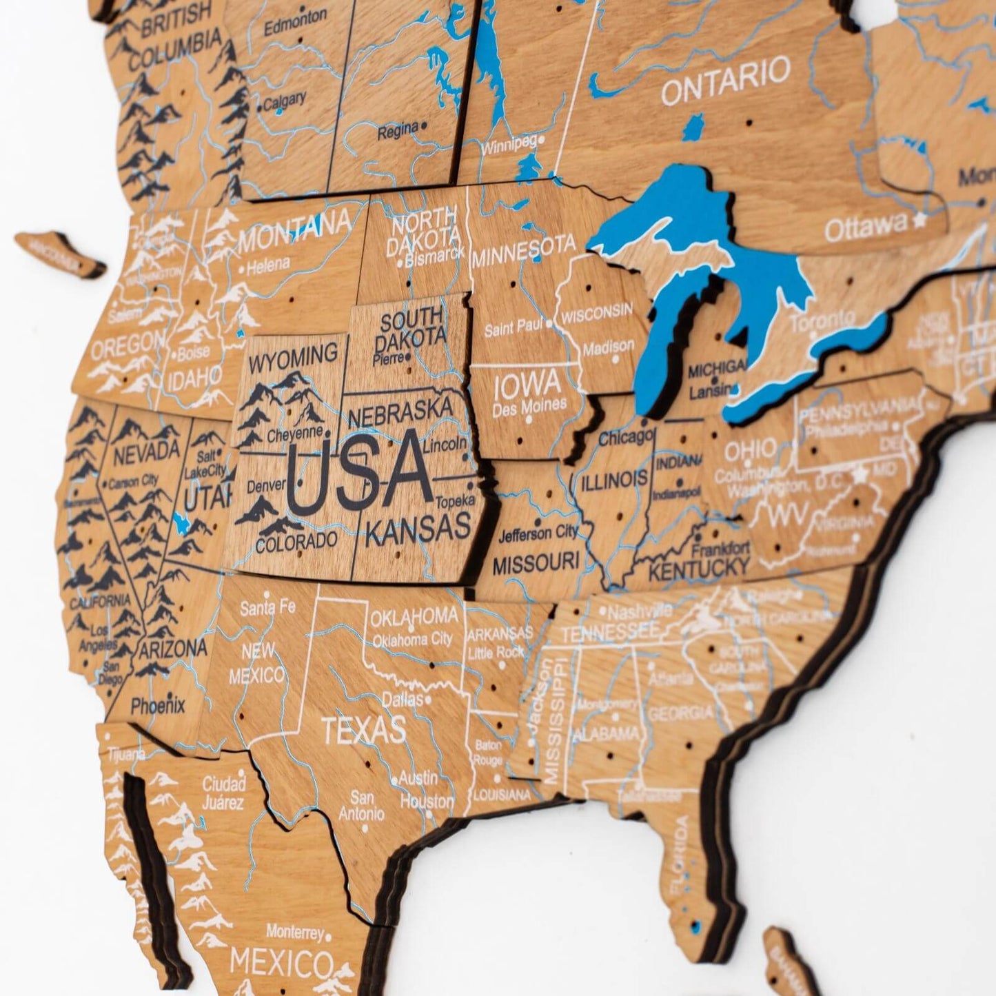3D Wooden World Map Wall Art - Light