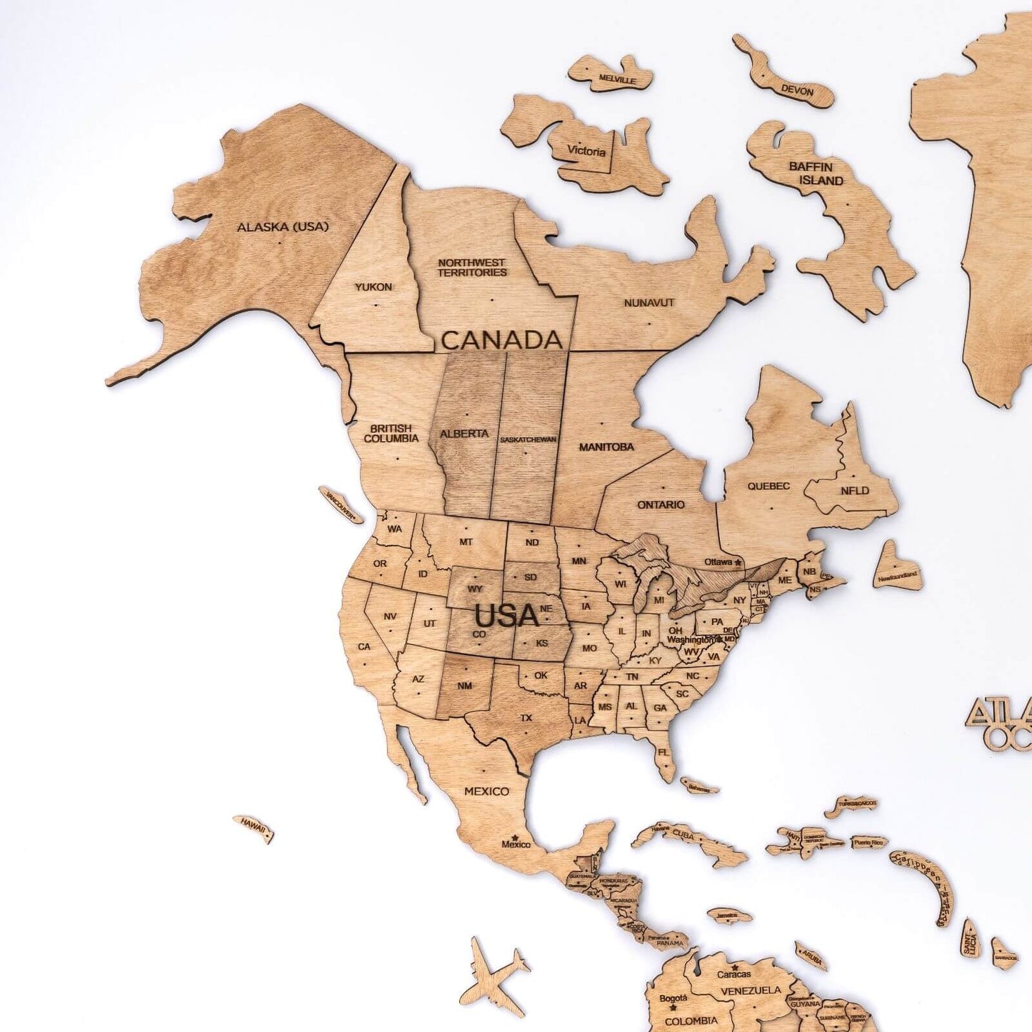 3D Wooden World Map Wall Art - Light