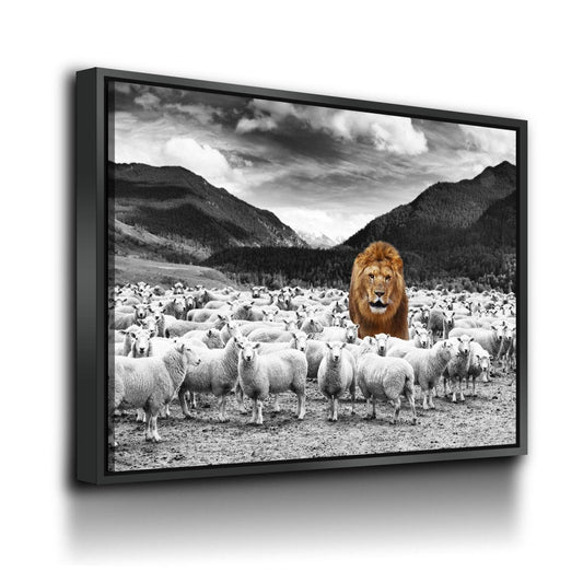 Lion Among The Sheep motivational canvas wall art with lion design