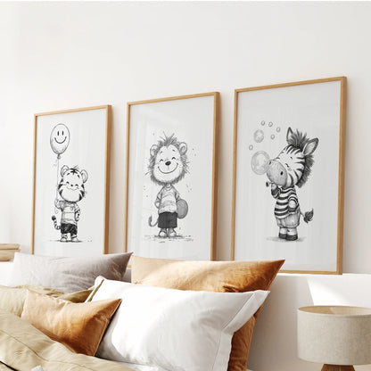 Black and White Safari Nursery Wall Art Set of 3 - Lion, Tiger, Zebra